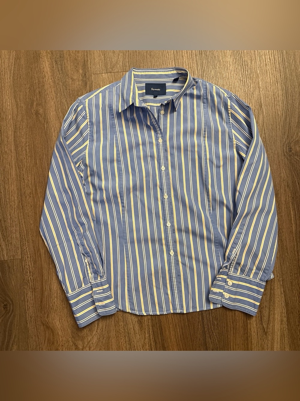 FACONNABLE Yellow + blue striped button-up cotton shirt. Size 12.
